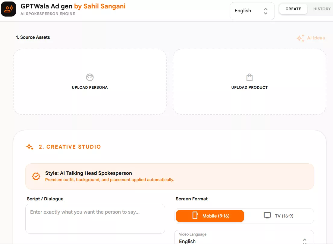 GPTWala Ad Gen app preview showing persona and product upload options